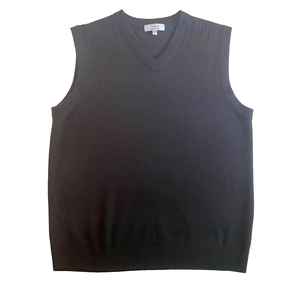 Turnbury Black Pullover Sweater Vest 100% Extra Fine Merino Wool Large V-neck